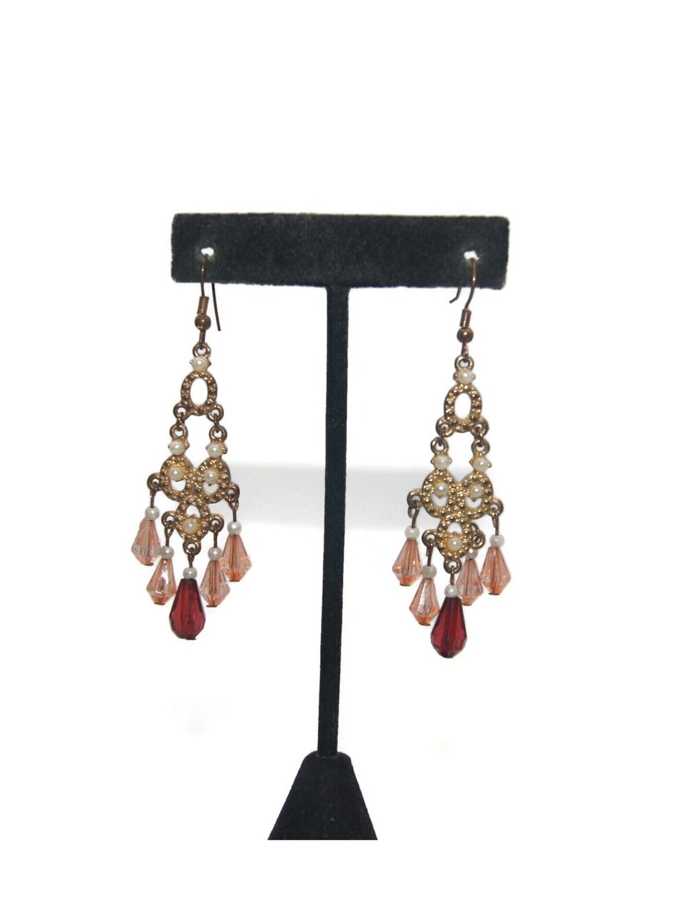 Vintage Gold Tone, Faux Pearls with Orange & Brown Plastic Chandelier Earrings.